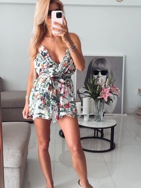 Luxxel Floral White Green Orange Tropical Romper